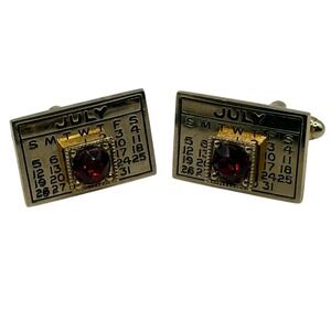 July Cufflinks Calendar Red Rhinestone Patriotic Fourth Of July VTG Gold Tone